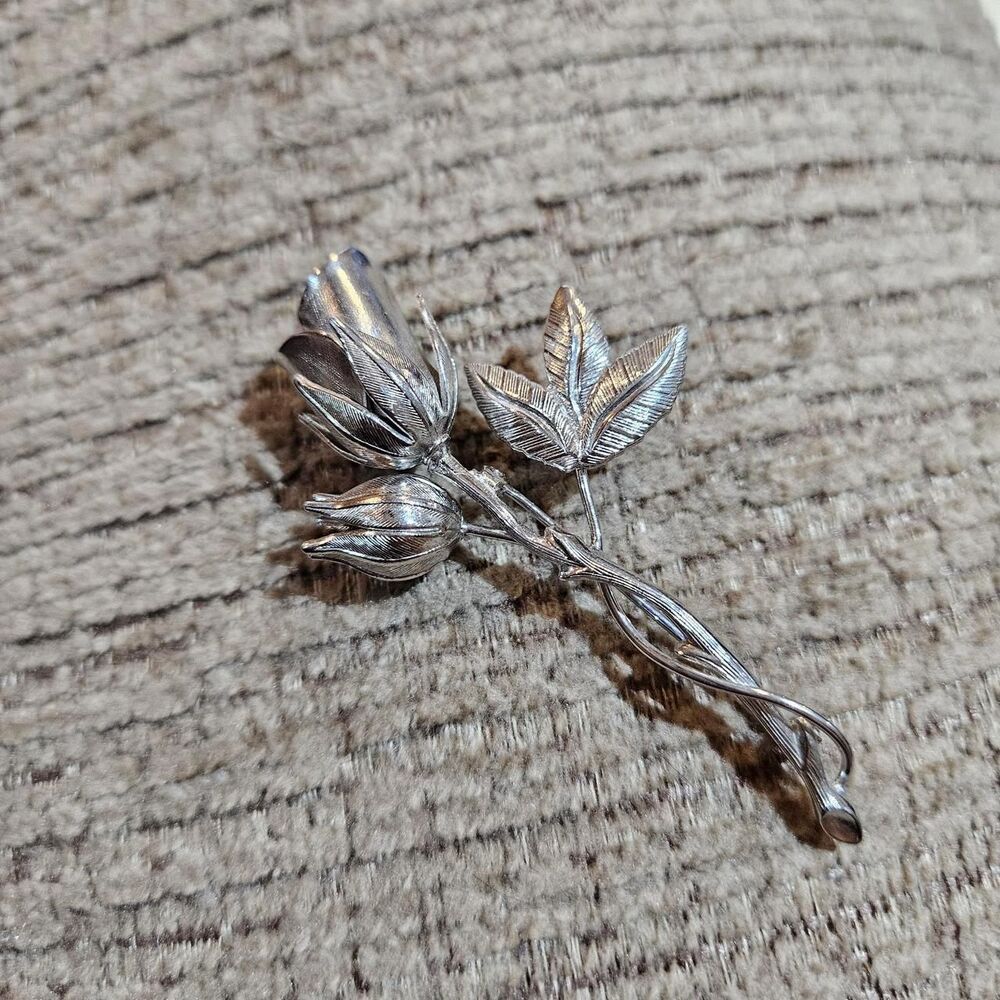 vintage whimsical cottagecore rose stem silver tone brooch